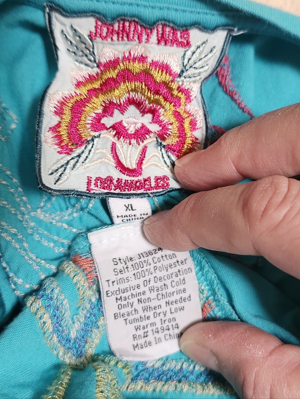 Johnny Was Turquoise Embroidered Long Sleeve Top Sz XL - Picture 6 of 6